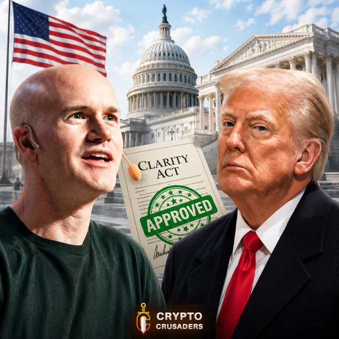 This image depicts Brian Armstrong of Coinbase and Donald Trump with the Capitol Building in the background, alongside a document titled "CLARITY ACT" with an "APPROVED" stamp, reflecting the post's anticipation of a vote on the CLARITY Act.