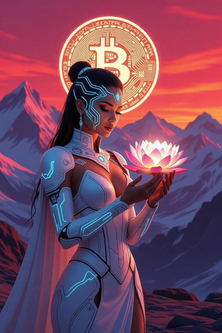 Digital art of a futuristic woman with glowing blue cybernetic details holding a pink lotus flower, with a glowing Bitcoin symbol behind her against a red sky and mountain backdrop.