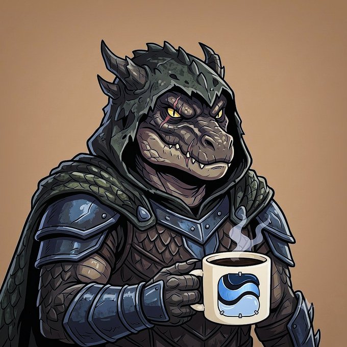 A dragon-like reptilian character in spiked armor and a hooded cloak holds a steaming mug featuring the blue River logo, visually tying into the post's morning theme of checking in for River Points on @River4fun while staking $RIVER. The cozy coffee moment reinforces the "starting the day" message and the patience/consistency sentiment ("Consistency always pays") behind the staking routine.