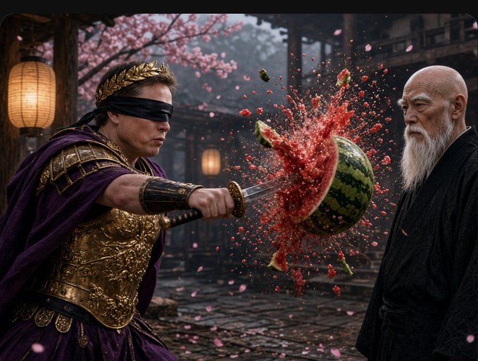 A cinematic scene of a blindfolded man in golden armor and purple robes slicing a watermelon with a katana, sending red fragments flying, while an older bearded man in dark robes watches.