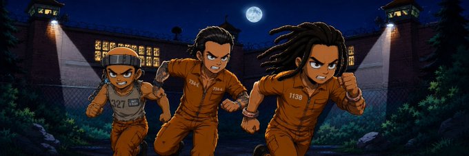 Three cartoon characters in orange prison jumpsuits run forward in front of a brick prison building under a full moon, with tattoos including '727' and '1136' visible on their faces and clothes.