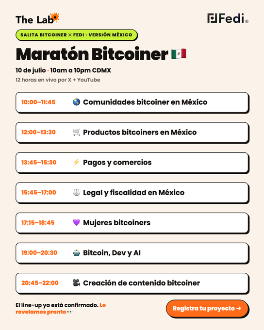 A Spanish-language schedule for 'Maratón Bitcoiner' in Mexico on July 10, listing sessions like 'Comunidades bitcoiner en México' and 'Legal y fiscalidad en México' with times from 10am to 10pm.