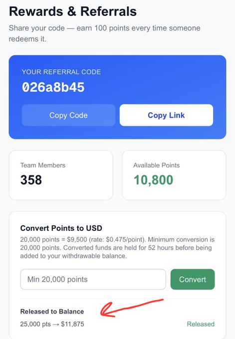 A 'Rewards & Referrals' dashboard screen displays a referral code '026a8b45', 358 team members, 10,800 available points, and information about converting points to USD at $0.475/point.