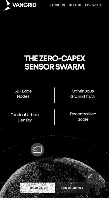 A website mockup for 'VANGRID' promoting 'THE ZERO-CAPEX SENSOR SWARM' with features like '3B+ Edge Nodes,' 'Tactical Urban Density,' 'Continuous Ground Truth,' and 'Decentralized Scale.'