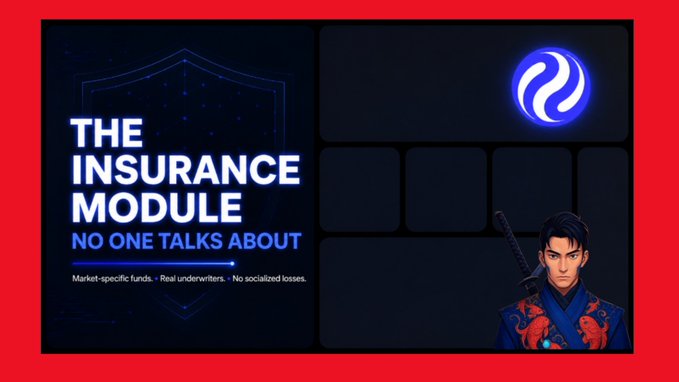 A promotional graphic with the text 'THE INSURANCE MODULE NO ONE TALKS ABOUT' alongside bullet points 'Market-specific funds', 'Real underwriters', 'No socialized losses', featuring a stylized logo and an anime-style male character.
