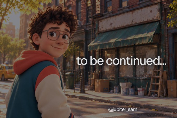 An animated Pixar-style image of a curly-haired boy with glasses looking back over his shoulder on a city street, with the text 'to be continued...' and the handle '@jupiter_earn'.