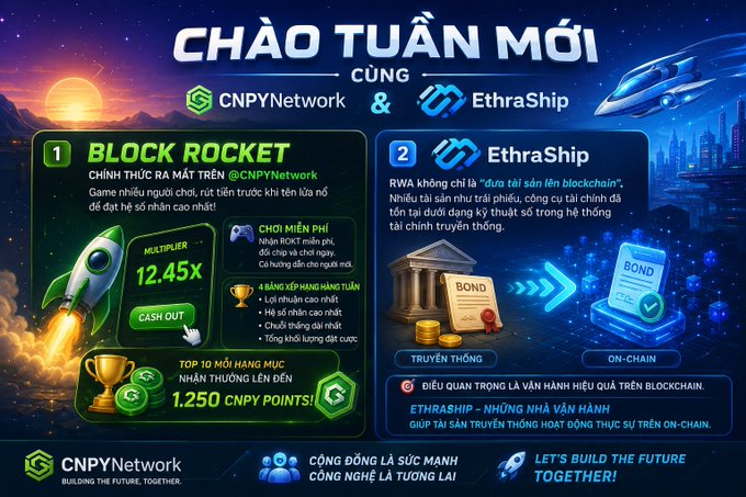 A Vietnamese promotional banner for CNPYNetwork and EthraShip titled 'CHÀO TUẦN MỚI' featuring 'BLOCK ROCKET' launch on CNPYNetwork with a 12.45x multiplier and EthraShip's blockchain bond tokenization service.