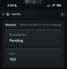 The image shows a Kaito app screen displaying a reward status with "Pending" status and a rank of 105, confirming the user's final ranked position of 105 on the Axis Robotics leaderboard.
