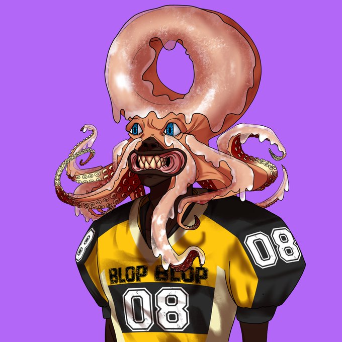 A digital illustration of a creature with a frosted donut for a head and octopus tentacles, wearing a yellow and black jersey that reads 'BLOP BLOP' and '08' against a purple background.