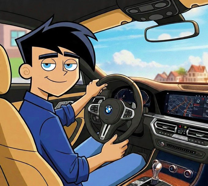 An animated cartoon man with black hair in a blue shirt drives a BMW, with the steering wheel logo visible, against a backdrop of houses and sky.