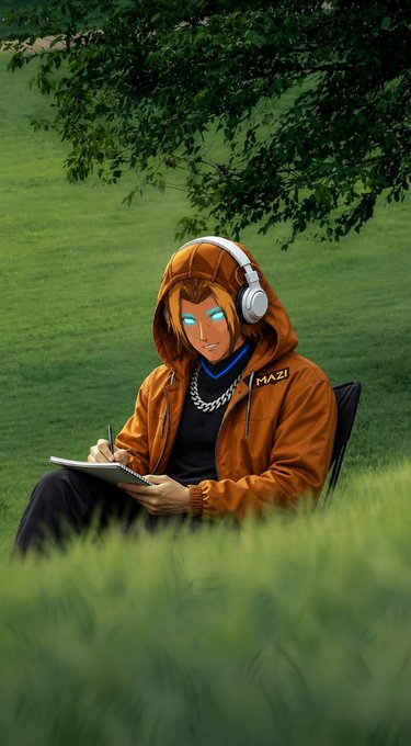 A digital illustration of an anime-style character wearing an orange hoodie labeled 'MAZI' and white headphones, sitting in grass and writing in a notebook.