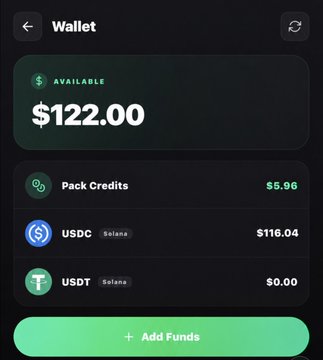 Mobile app wallet screen displaying an available balance of $122.00, with Pack Credits ($5.96), USDC on Solana ($116.04), and an Add Funds button.