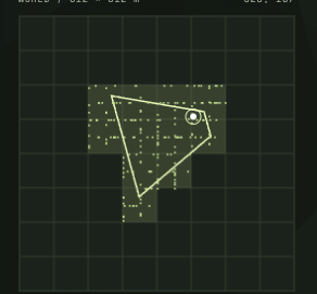 A screenshot of a retro-style video game radar display with a dark green grid background, showing a yellow polygon-shaped scanning area and various dots; faint text at the top reads "World 1 - DEL - DLX #1 - DEL 20".