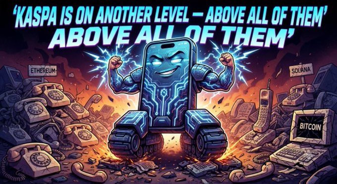 A comic-style illustration promoting Kaspa, depicting a muscular smartphone-headed superhero crushing vintage telephones, with the headline 'KASPA IS ON ANOTHER LEVEL — ABOVE ALL OF THEM' above defeated competitors labeled Ethereum and Bitcoin.