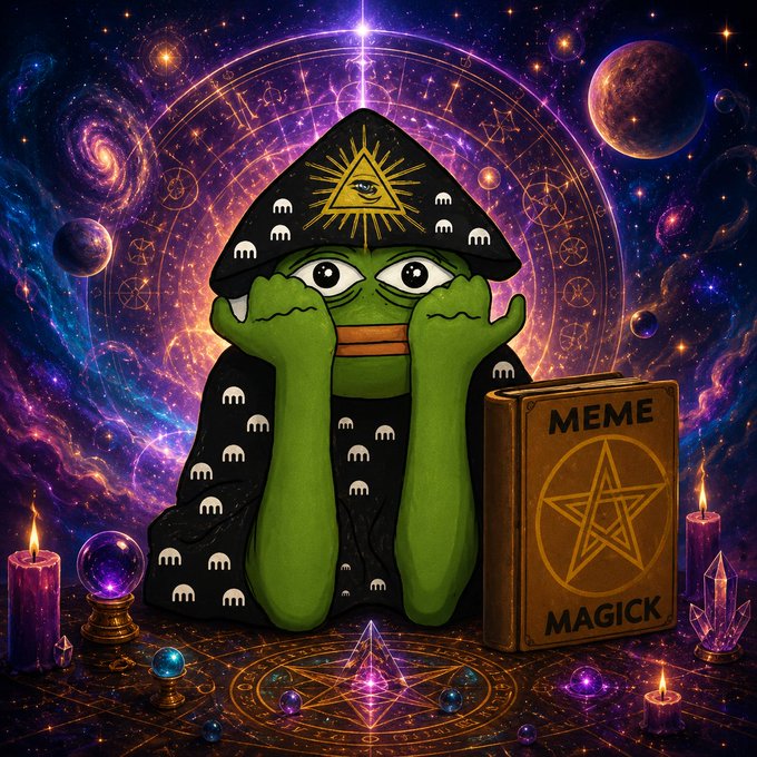 A Pepe the Frog character in a black hooded robe adorned with an all-seeing eye and mystical symbols stands amid a cosmic backdrop of swirling galaxies, planets, and glowing candles, accompanied by a book labeled "MEME MAGICK" and a pentagram — humorously framing the ritual of posting a "gm frens" greeting as a sacred meme incantation.