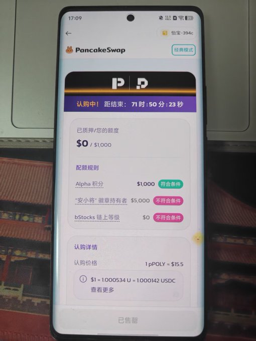 A smartphone displays the PancakeSwap cryptocurrency platform in Chinese, showing a token presale page with '认购中' (Sale in progress) and details like 'Alpha 积分 $1,000', '$5,000', and '1 pPOLY = $1.5'.