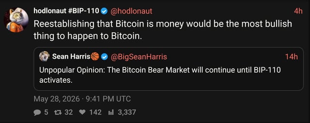 The image features a Twitter post from Hodlonaut user BIP-110 discussing Bitcoin's rising popularity. The post includes the text "Unpopular opinion; The Bitcoin Bear Market will continue until Bip-110" which indicates that despite negative opinions, many people still believe in Bitcoin's potential for growth. The image is accompanied by a meme featuring an image of a robot wearing a hat, and it has a caption stating "The bigger Bitcoin gets, the better off you", suggesting that Bitcoin users are optimistic about its future value.