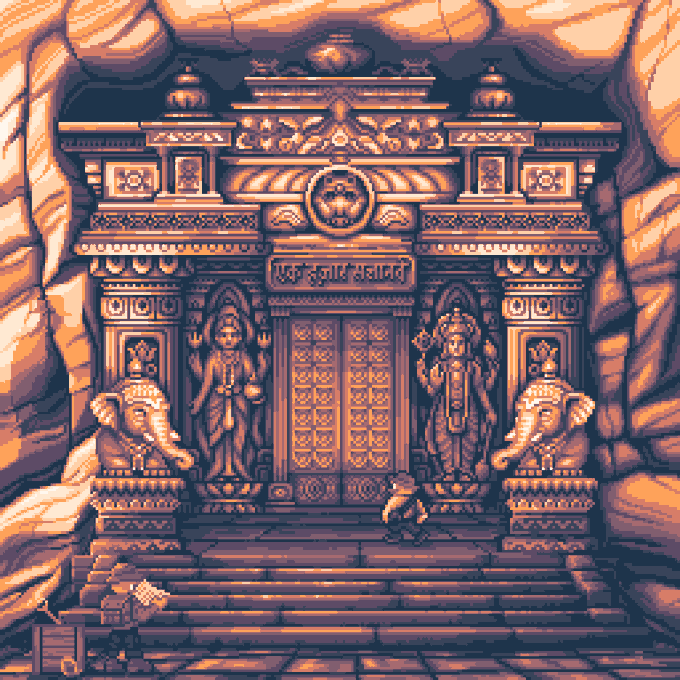 A pixel art illustration depicting an ornate Hindu temple entrance carved into rock, featuring statues of elephant-headed Ganesha deities on either side of an intricate doorway, with a small figure approaching the steps and a treasure chest visible nearby.