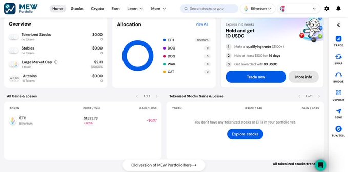MEW Portfolio dashboard screenshot showing tokenized stocks, stables, ETH at $1,823.78 with a -$607 gain/loss, and an allocation chart for ETH, DOG, WAR, and CAT tokens.