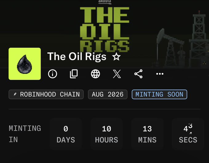 A digital interface for a project called 'The Oil Rigs' on the Robinhood Chain, marked 'MINTING SOON' in August 2026, with a countdown timer showing 0 days, 10 hours, 13 minutes.