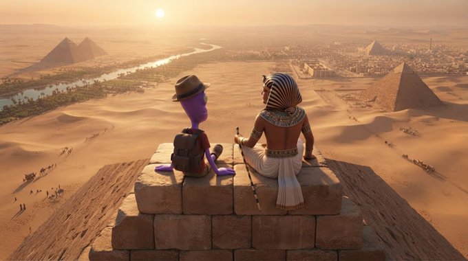 A 3D animated alien tourist in a fedora and a pharaoh-like figure sit on the edge of a pyramid, looking out over the Egyptian pyramids, the Nile River, and a desert city at sunset.