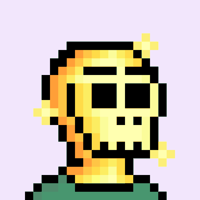 A pixel art portrait of a man with a skull-like face, yellow and orange coloring, and a green shirt against a light purple background.