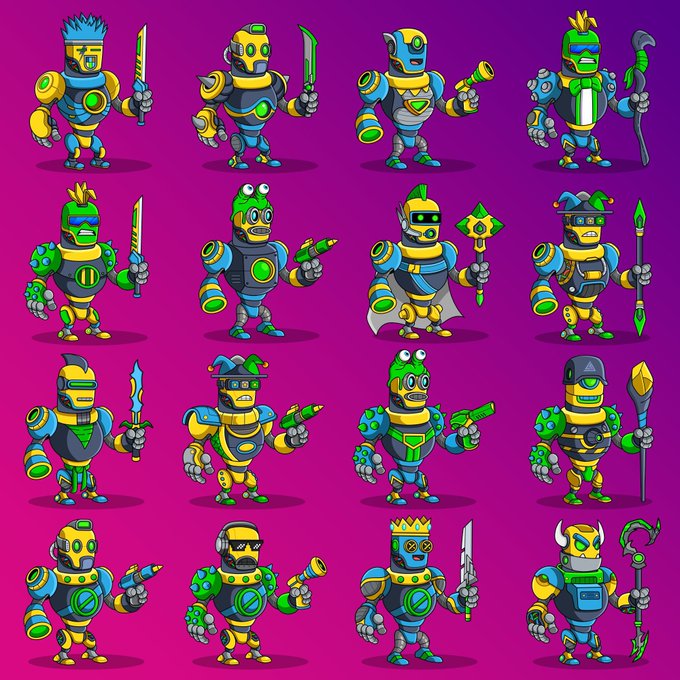 A collection of sixteen cartoon-style robot characters arranged in a grid on a magenta background, each holding various weapons like swords, axes, and ray guns.