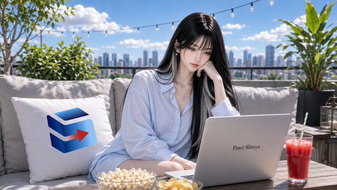 An anime-style woman sits on a rooftop patio using a laptop labeled "Putri Shreya," next to a pillow featuring a blue and red arrow logo, with popcorn and a drink on the table.