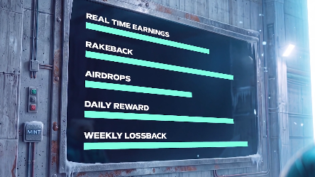 A digital interface or screen mounted on a metal wall, listing earning categories like 'REAL TIME EARNINGS', 'RAKEBACK', 'AIRDROPS', 'DAILY REWARD', and 'WEEKLY LOSSBACK' next to green bar graphs, with a 'MINT' logo button on the left.