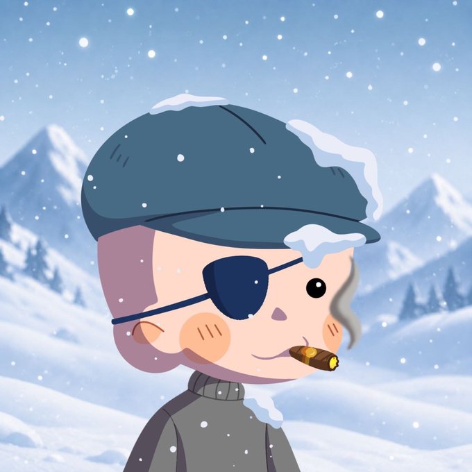 A cartoon-style illustration shows a baby with an eyepatch, smoking a cigar, and wearing a flat cap dusted with snow, standing in a snowy mountain landscape.