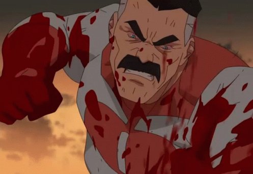 The image shows a man with blood splattered all over his face, dressed as a superhero from a cartoon or comic book series. The man appears to be in pain due to an injury, which has caused him to lose blood. The background of the image is dark and cloudy, adding to the dramatic effect. The caption below the image reads "POV: You are an ETH holder for the past 6 months What will you have after 500 years?". This suggests that the man's current situation might be related to a story or event involving his character from the series, possibly tied to some sort of ethical decision he has made in the past.
