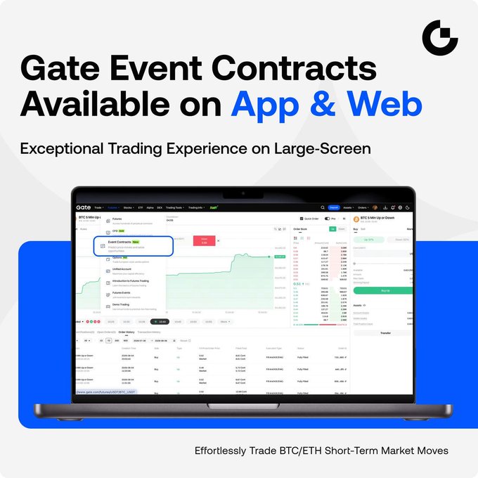 Promotional graphic with text 'Gate Event Contracts Available on App & Web' and 'Exceptional Trading Experience on Large-Screen', showing a laptop displaying the Gate.io BTC trading interface with a blue background.