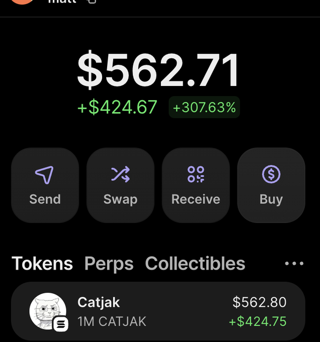 A crypto wallet screenshot displays a balance of $562.71 (+$424.67, +307.63%) held in the CATJAK token (1M CATJAK), showing the airdrop gain the user bragged about in the post.