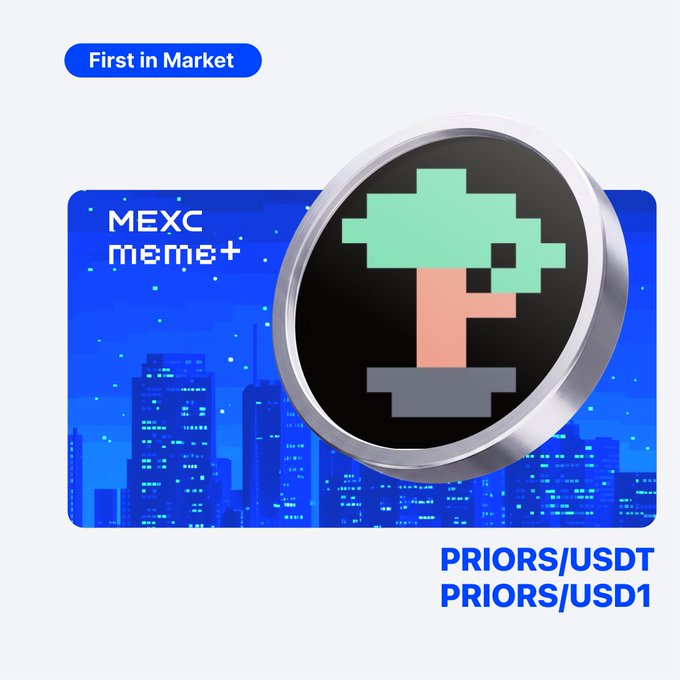 The image displays a "First in Market" promotional graphic for the MEXC Meme+ listing, featuring a pixel-art bonsai tree coin logo over a stylized blue cityscape background, with the trading pairs "PRIORS/USDT" and "PRIORS/USD1" listed below—corresponding to the post announcing $PRIORS (@priors_trade) being listed on MEXC.