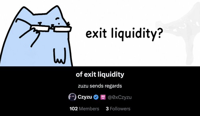 A cartoon cat holds up a small object with the text "exit liquidity?" beside it, referencing the trading term for traders who buy at market tops, while below, a Discord-style server titled "of exit liquidity" by user Czyzu (@0xCzyzu) shows 102 members and 3 followers. The meme humorously frames being labeled "exit liquidity" as a badge of honor for active traders.