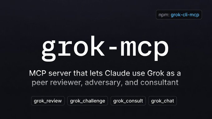 The image shows a screenshot of a webpage with a black background and white text. The title "MCP" is displayed at the top, followed by a list of descriptions for the MCP server that allows Claude to use Grok as a peer reviewer, adversary, and consultant.