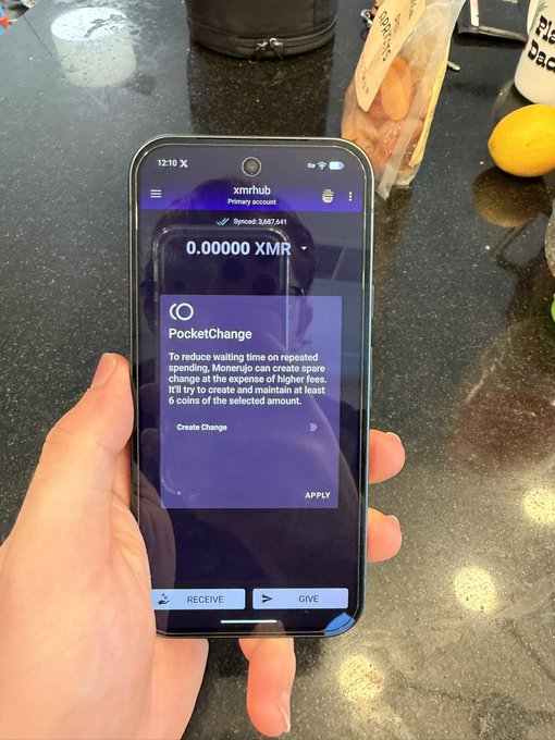 A person's hand holding an iPhone displaying a message about PocketChange, which is a cryptocurrency wallet app. The phone screen shows that there are no coins left for this particular wallet, indicating that the user has spent all their XMR on it.