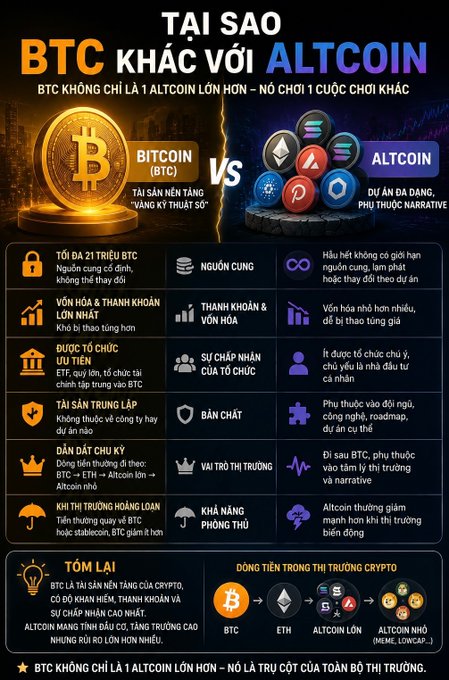 An infographic titled 'TAI SAO BTC KHÁC VỚI ALTCOIN' (Why BTC is Different from Altcoin) compares Bitcoin (BTC) and altcoins across various attributes like security, supply, market cap, and narrative, in Vietnamese.