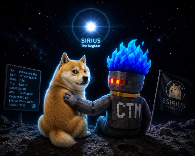 A pixelated astronaut with glowing blue flame-hair labeled "CTM" places a hand on a Shiba Inu beside a plaque reading "SIRIUS The DogStar" with coordinates RA 06h 45m 08.917s, DEC -16° 42' 58.017", MAG -1.46, and "$SIRIUS THE DOGSTAR REGISTERED BY $SIRIUS COMMUNITY AUGUST 2025," visually framing $SIRIUS as a cosmic mascot to hype it as the next $CASHCAT-style narrative play.