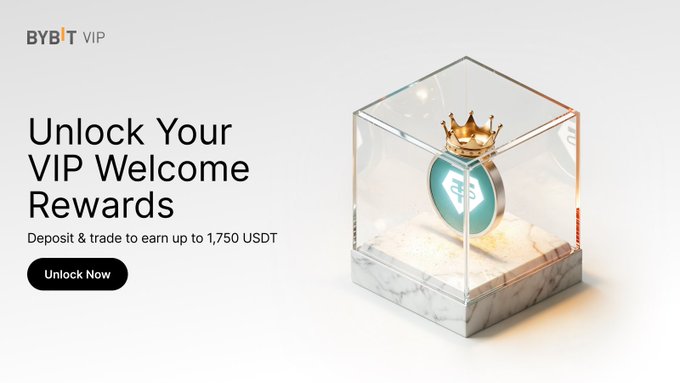 Bybit VIP promotion offering up to 1,750 USDT in welcome rewards, featuring a glass display case with a crowned USDT coin, encouraging new VIP users to register and deposit $50,000 to unlock trading bonuses.