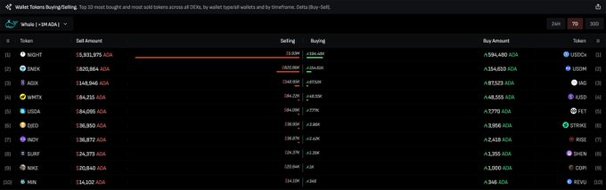 A DefiLlama screenshot showing the top 10 most bought and sold tokens on whales (>$1M AUM) wallets in the last 24 hours, with NSH and wNXX among the top sold tokens.
