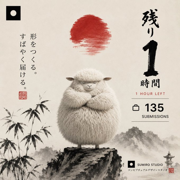 Japanese-style sumi-e artwork of a fluffy sheep standing on a rocky peak beneath a red sun, featuring kanji '残り1時間' (1 hour left) and '135 SUBMISSIONS' for Sumiro Studio's conceptual design studio.