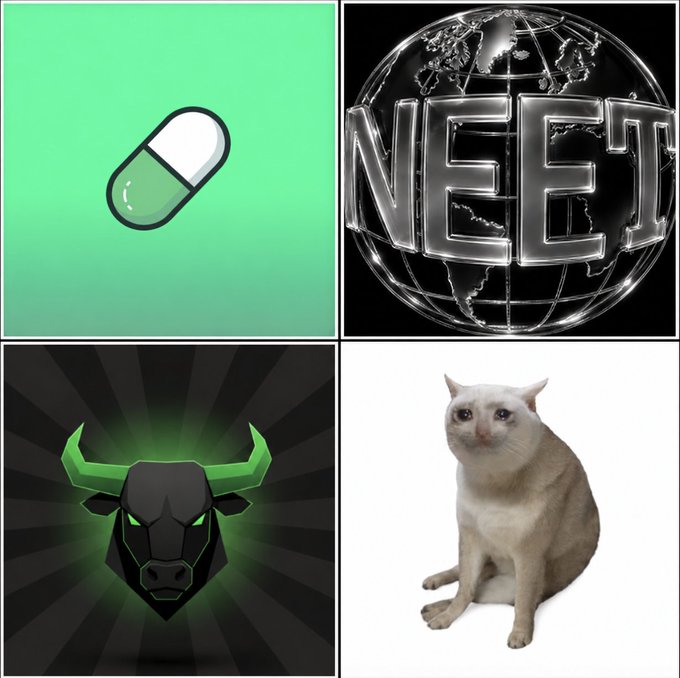 A 2x2 grid shows four images: a green pill icon, a metallic "NEET" globe, a green bull/ox logo on a black background, and a Siamese cat—all visually representing four stock tickers (PILL, NEET, BULL, CAT) suggested as long-term generational holdings.
