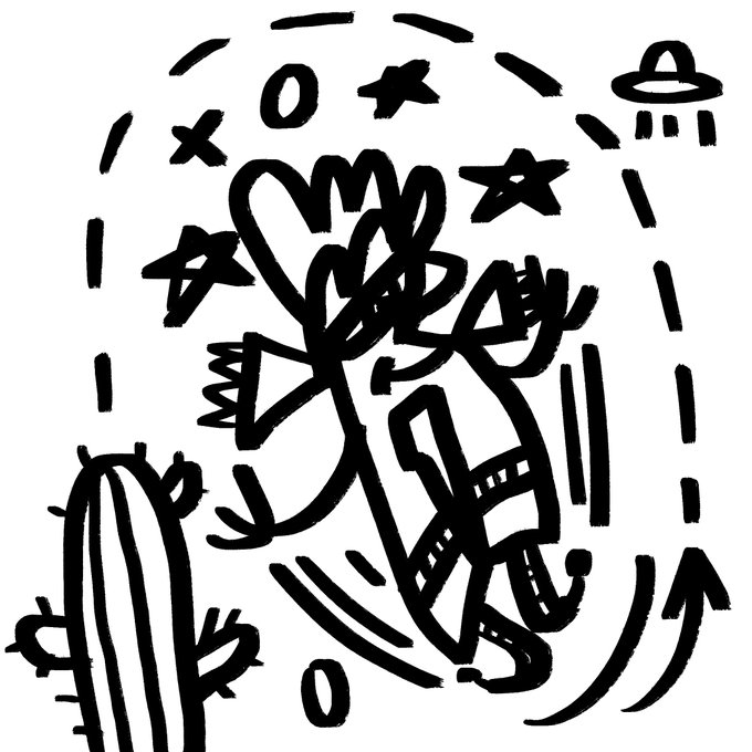A black and white doodle drawing depicts a stick figure character surrounded by X's, stars, and a UFO, appearing to be in a surreal or chaotic scene.