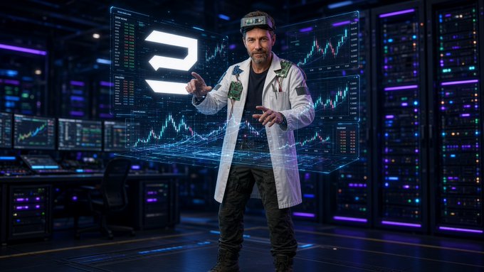 A stylized digital image of a bearded man wearing a futuristic headband and white lab coat, standing in a dark server room with glowing purple lights and holographic trading charts, with a Solana (SOL) logo floating beside him.