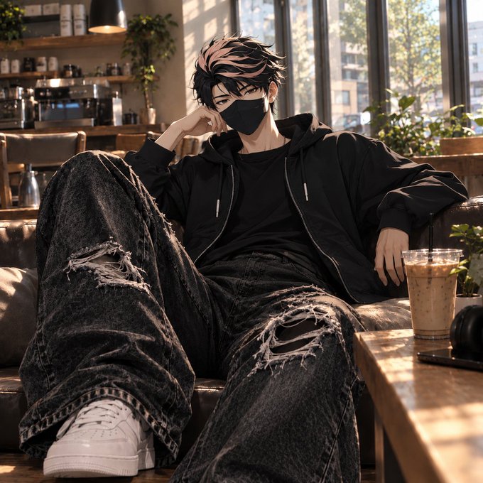 An anime-style illustration of a young man with messy black and white hair wearing a black face mask, hoodie, and ripped black jeans, lounging on a leather couch in a sunlit cafe.