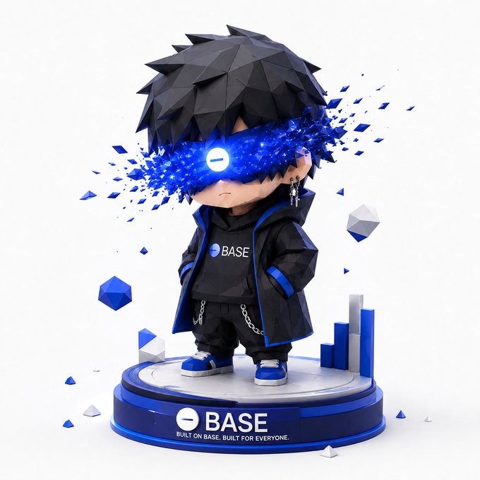 The image shows a small, blue-skinned boy wearing a black jacket and blue jeans standing on a platform that says "Base" on top of it. The boy has a pair of glasses on his face and is surrounded by various shapes and colors, including triangles and circles. The background features a white wall with the words "Base keeps building Bitcoin now integrated on Base App". This image seems to be promoting or discussing the concept of Base, which is an app that allows users to build their own cryptocurrency projects and earn money through affiliate marketing.