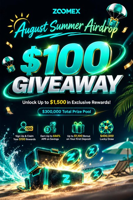 Promotional graphic for the Zoomex August Summer Airdrop $100 giveaway, featuring a glowing treasure chest and Z-token coins on a beach scene, advertising a $300,000 total prize pool with up to $1,500 in exclusive rewards, a $400,000 lucky draw, and 666% APR on savings.