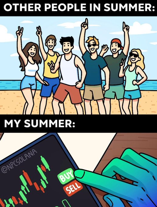 A meme contrasting carefree beachgoers ("OTHER PEOPLE IN SUMMER") with a trader glued to a phone showing a "NPCSOLANA" candlestick chart with BUY/SELL buttons ("MY SUMMER"), humorously illustrating the "locked in" grind of summer crypto trading.