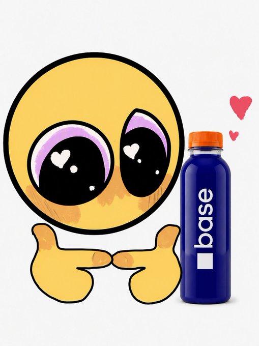 A heart-eyed juice-box character gives two thumbs up beside a blue bottle labeled “base,” with pink hearts floating above. The artwork promotes the “$BASEJUICE” account’s appeal to @cobie and @baseapp to become its 1,000th follower on X.
